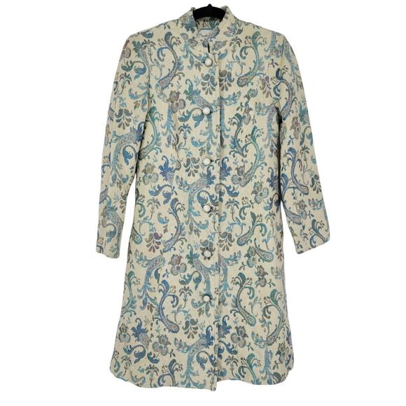 Vintage Country Set Tapestry Button Front Blue Floral Coat Jacket Size Small - Picture 1 of 5